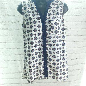 Olive & Oak Womens White Geometric Sleeveless Button Front Blouse Top Size M